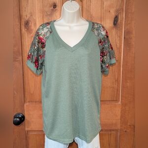 Miholl‎ Floral Lace Sleeve Sage Green Blouse